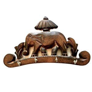 Key Rack Holder HANDMADE Folk Art Carved Wood Elephant  8 x 4.5 x 0.5 inches